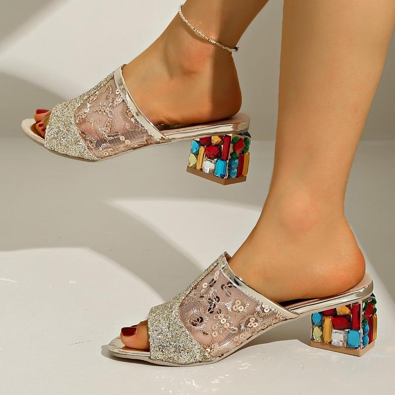 In stock mesh thick heel sandals women's summer fish mouth medium heel sequins high heel cool slippers