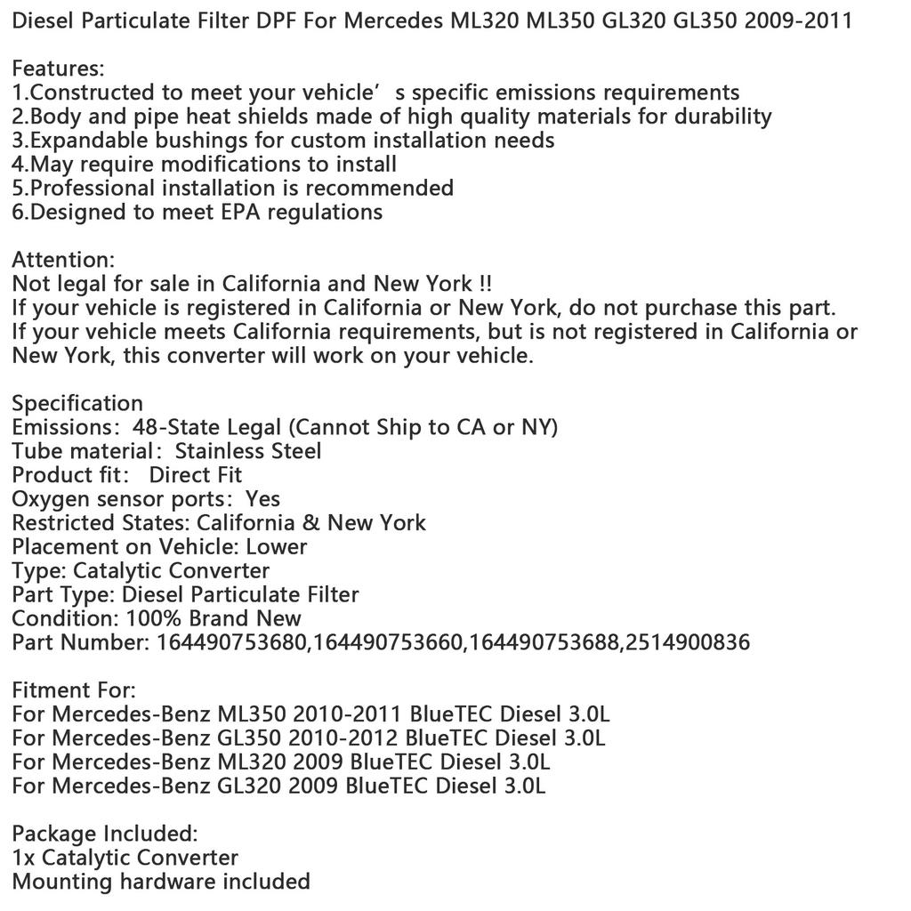 Diesel Particulate Filter DPF For Mercedes ML320 ML350 GL320 GL350 2009-2011
