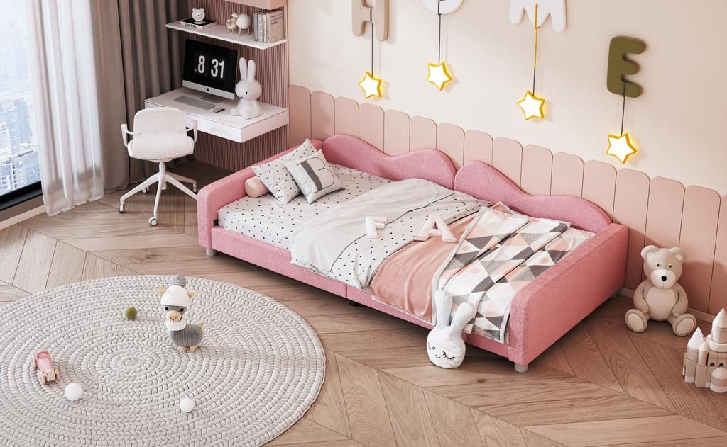 Letto per Bambini Letto Imbottito 90*200cm, Divano Letto Struttura Letto Tessuto Teddy Multifunzionale Letto Morbido con Schienale e Braccioli Letto per Giovani Letto per Ospiti Rosa