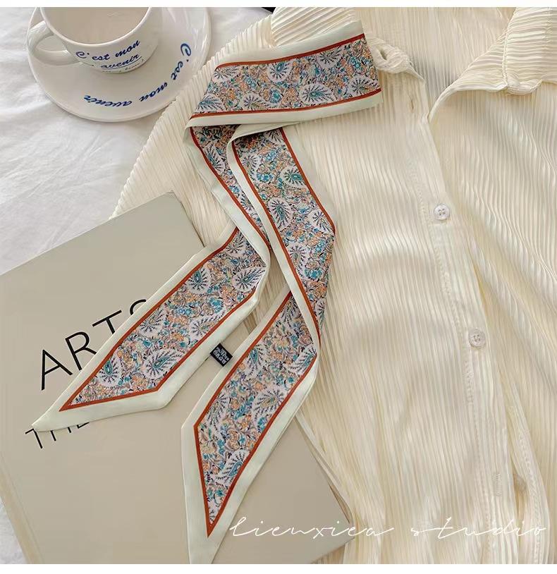 Fashion Printing Silk Hair Scarf for Women Chiffon Long Ribbon Ponytail Ties Headbands