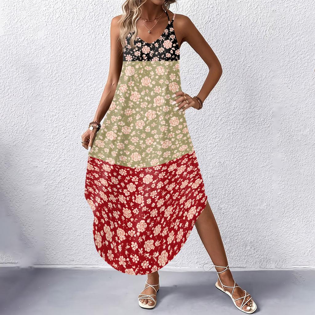 Women V Neck Floral Print Sleeveless Maxi Dress with Pockets Loose Fit Summer Beach Long Dress for Casual Wear
