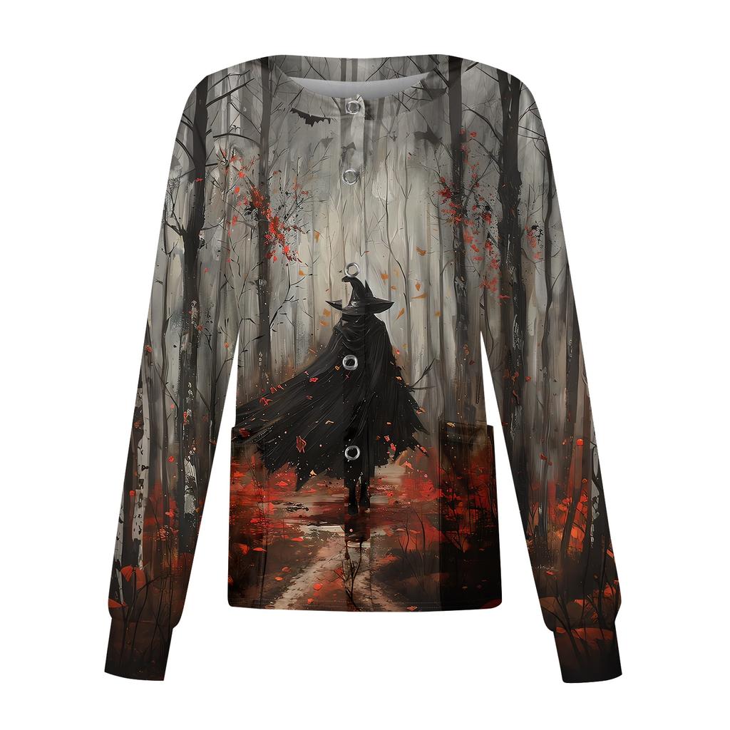 Women's Casual Long Sleeve Single Breasted Cardigan Halloween Print Medical Scrub Jacket Lightweight Button Up Top for Healthcare