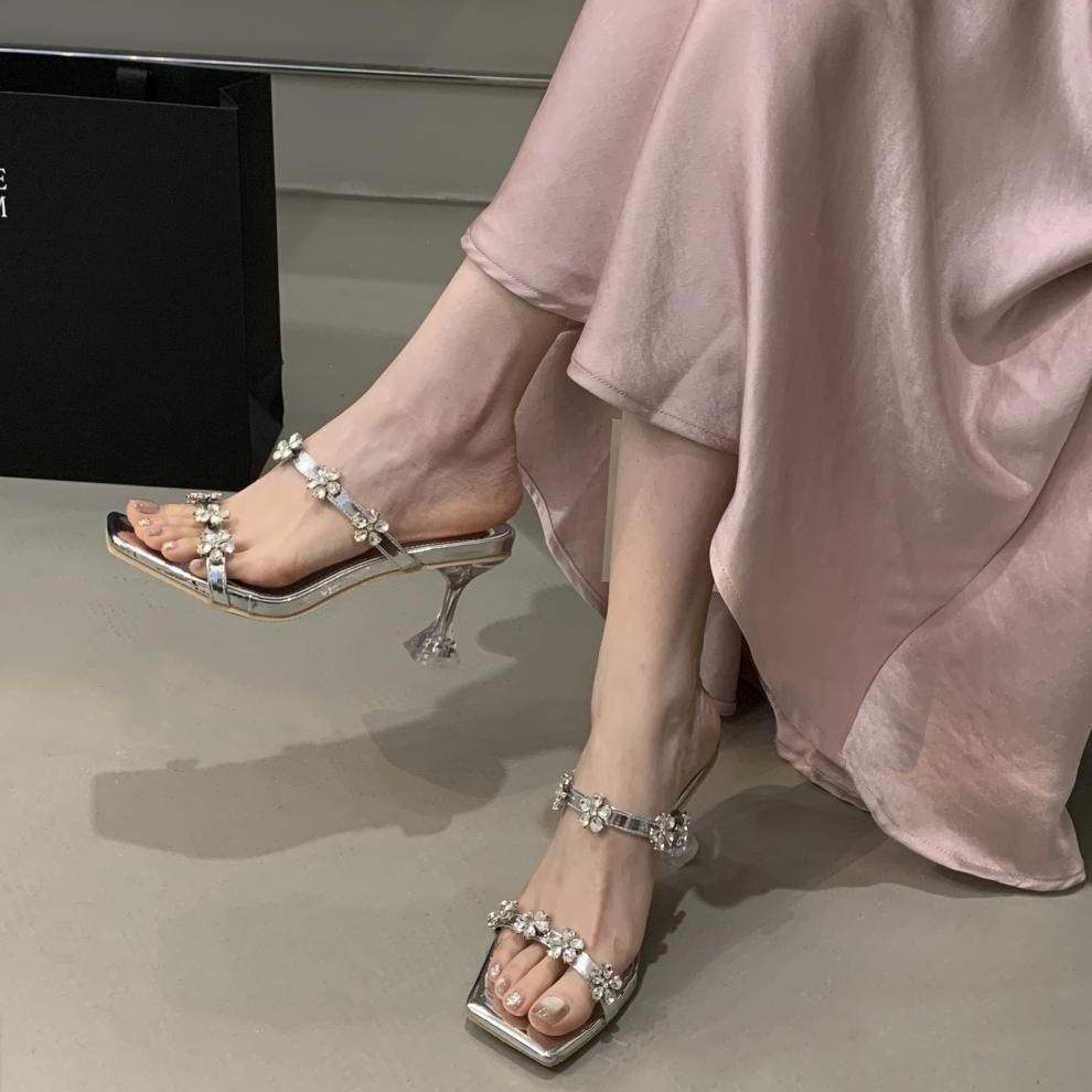 

Красивые квадратные сандалии со стразами в виде цветков сливы, женские летние блестящие прозрачные сандалии на хрустальном каблуке, сандалии на высоком каблуке, полусандалии 40