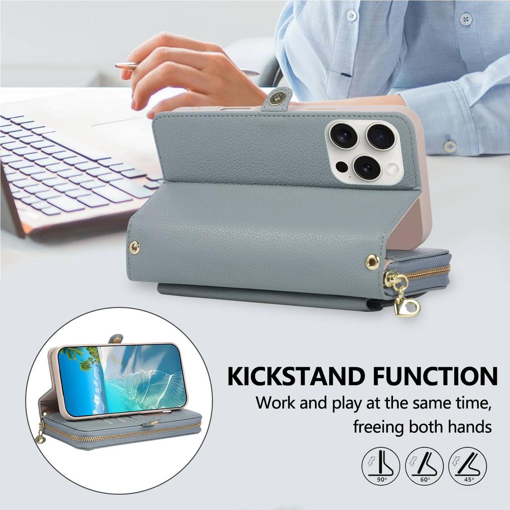 WEFOR Crossbody Wallet Case for iPhone 15 14 13 12 11 Pro Max XR XS Max 7 8 Plus SE, Strap Card Holder Lanyard Kickstand Mirror