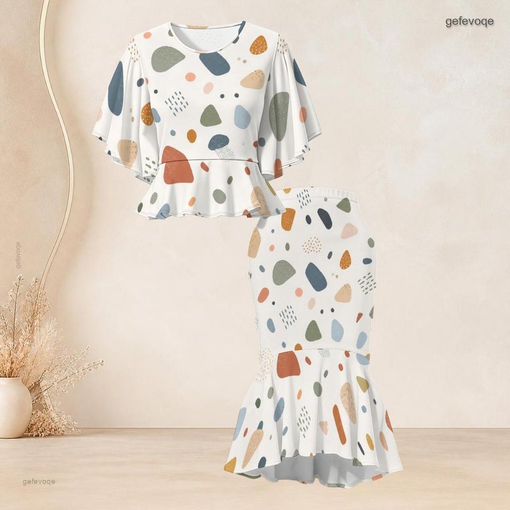 Women Plus Size Pink Black White Printed Two Piece Set Round Neck Batwing Sleeve Ruffle Hem Top Fishtail Skirt