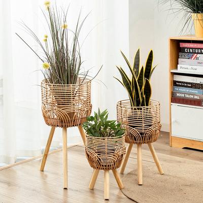 Woven Flower Pot Imitation Rattan Flower Stand Plastic Living Room Floor-to-ceiling Shelf Balcony Bamboo Woven Flower Basket Plant Interior