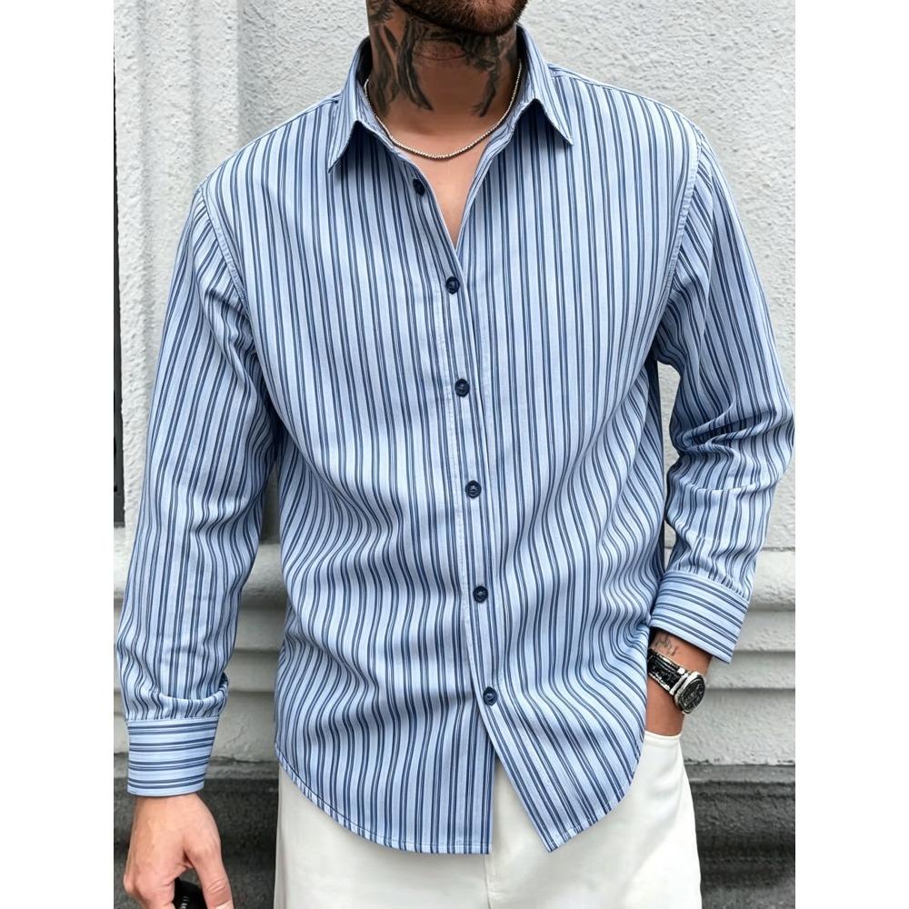 Men's Slim Vertical Striped Long Sleeved Shirt, Loose Collared Casual Shirt, Simple and Versatile Men's Top for Daily Commuting