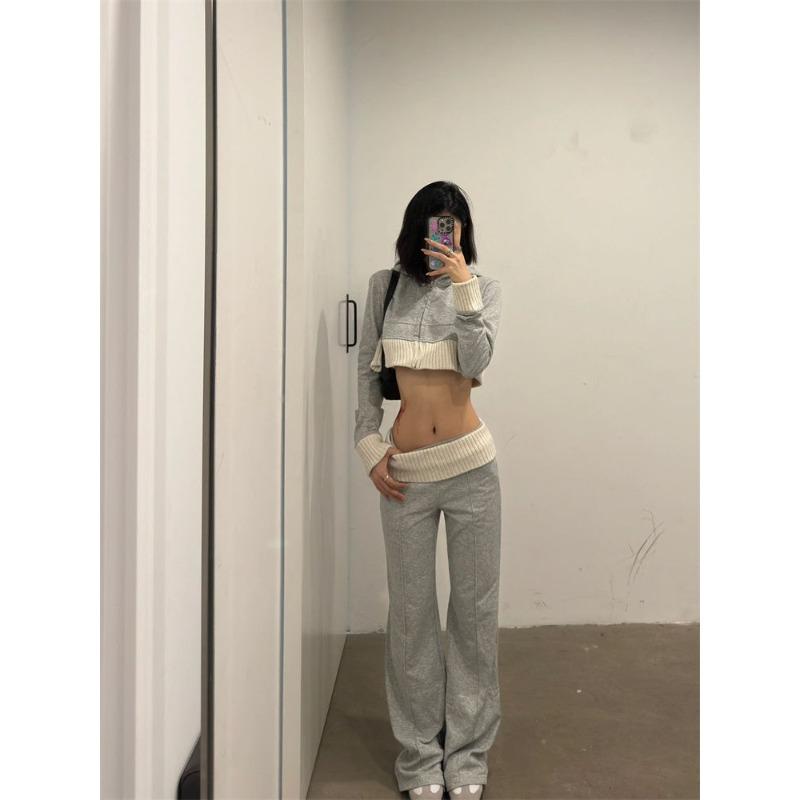 Korean Casual Lazy Sweet Spicy Pure Color Knitted Coat Autumn New Niche Design Sense of High-waisted Long Pants Two-piece Female Tide