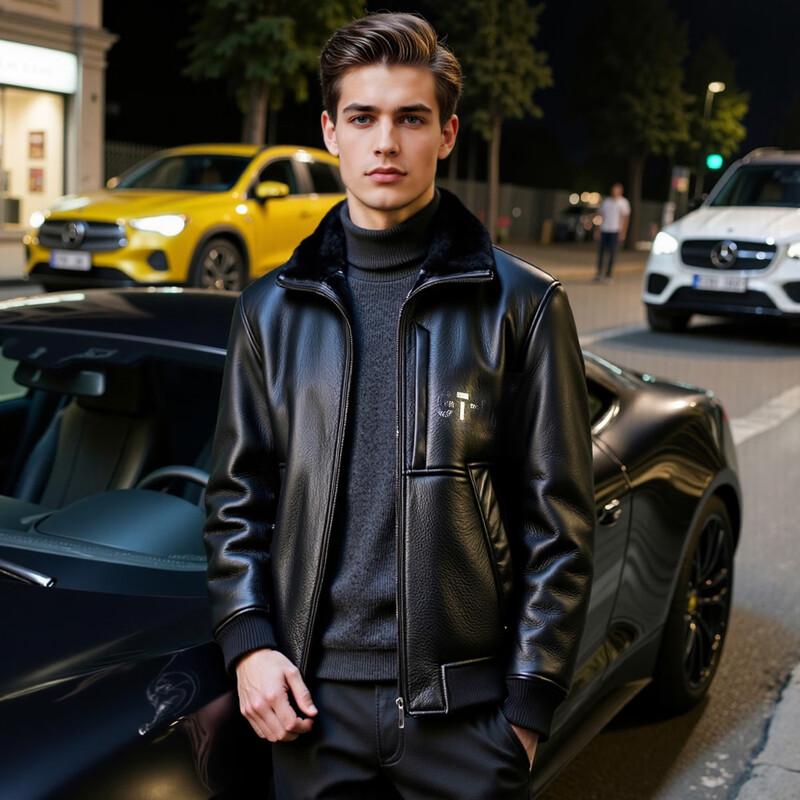 Men's Genuine Leather & Shearling Collar Jacket