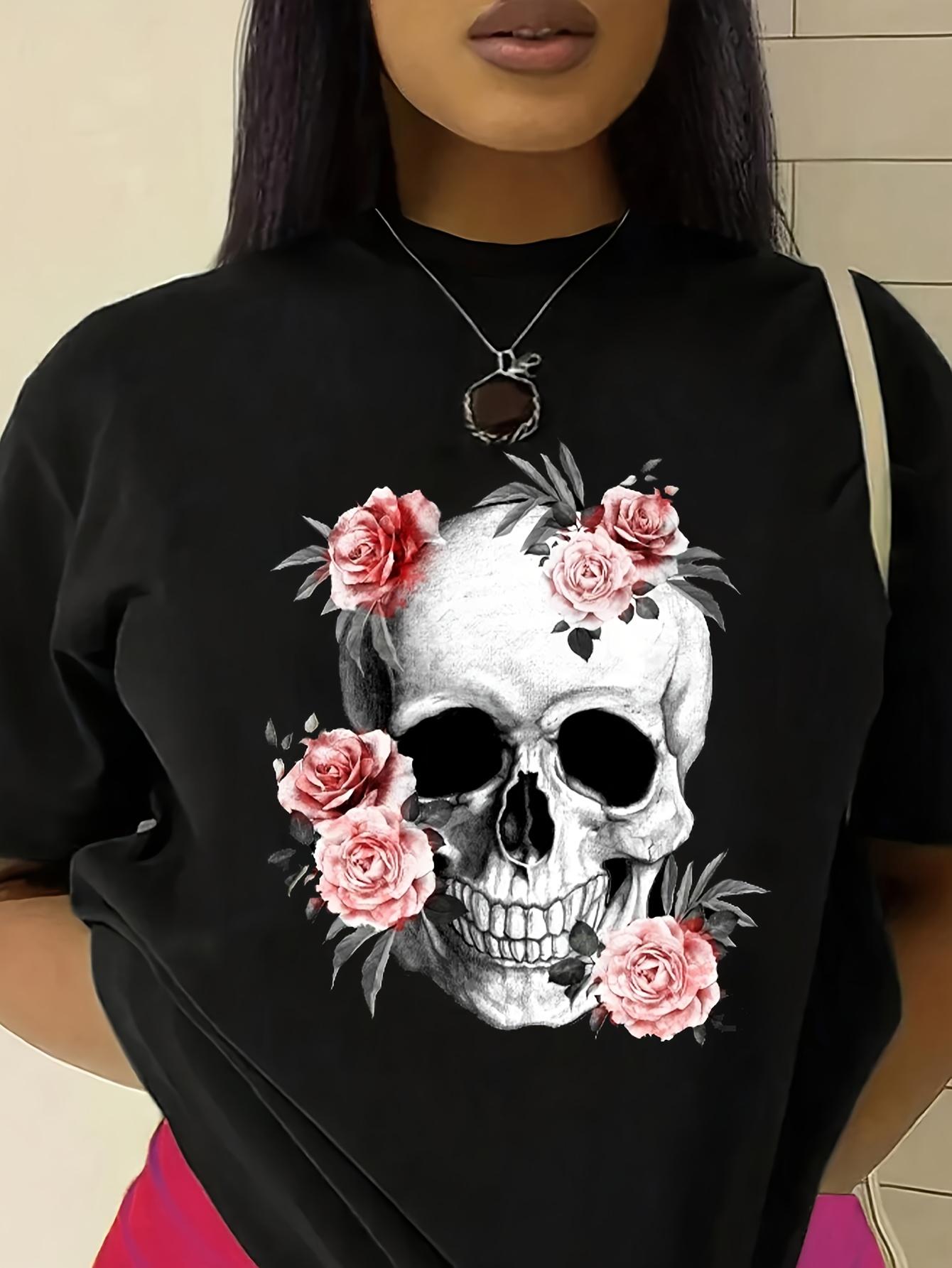 

Black Short Sleeve T shirt Skull Pink Roses Print Dark RoUnisextic Stylish S