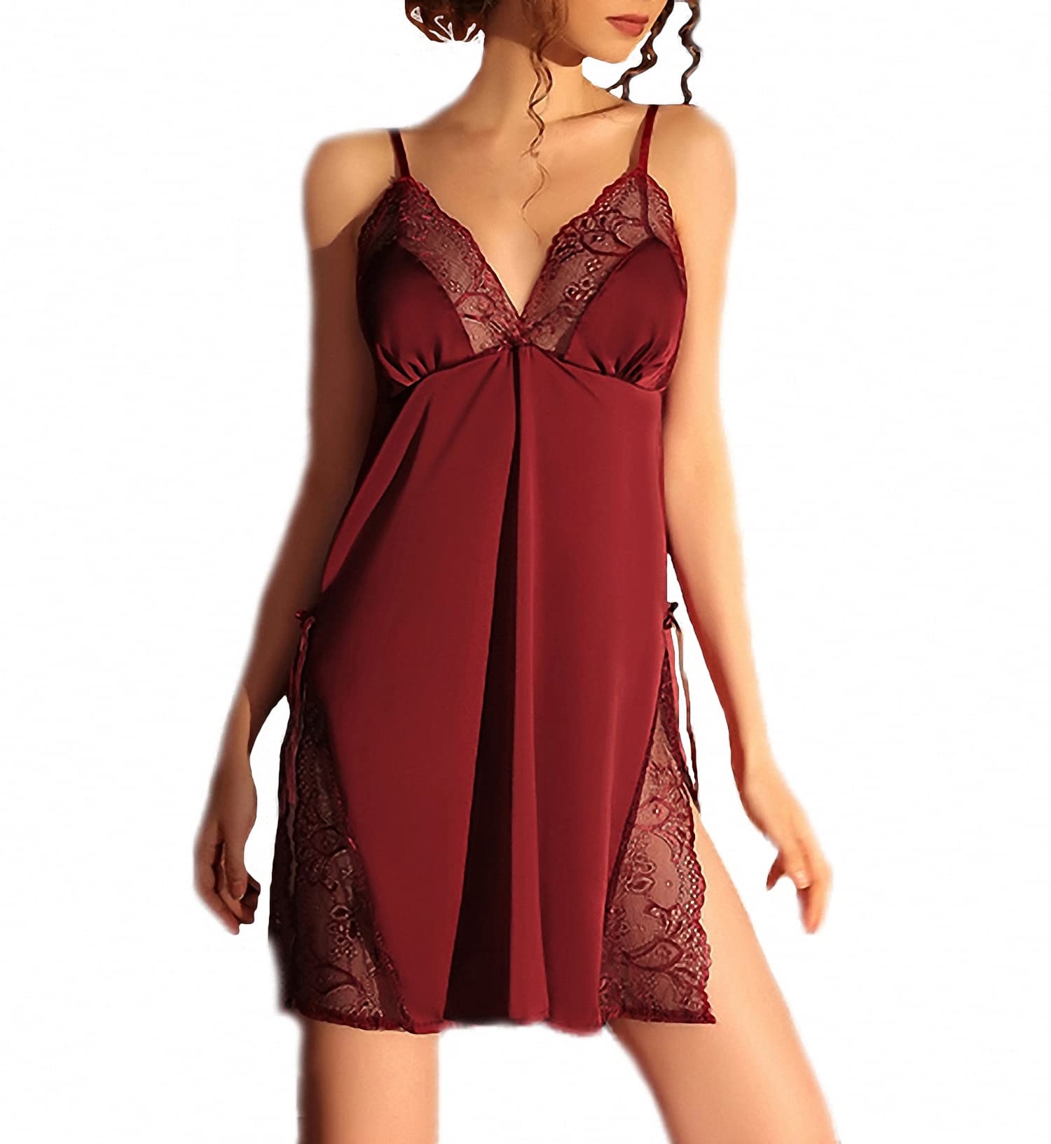 

Half Lace Sexy Babydoll Solid Color Wine [Mqyzhx] Women s Slip, Camisole, Satin, Dress, Lingerie, (L, Red)