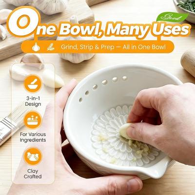 Bol Răzătoare Usturoi și Separator Plante Aromatice 2-în-1 din Gresie Instrument de Pregătire Bucătărie Cu 7 Dimensiuni de Găuri Plăcuță Răzătoare Ghimbir Ceramică