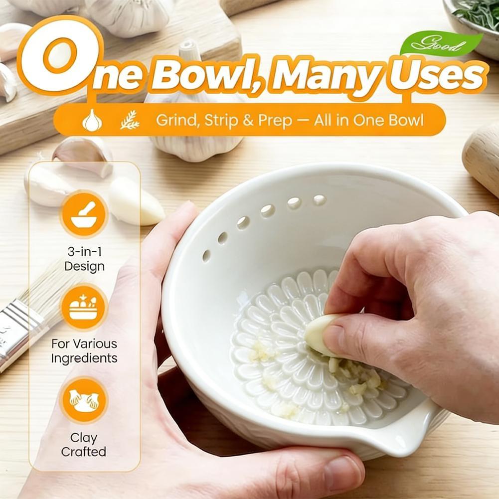 Bol Răzătoare Usturoi și Separator Plante Aromatice 2-în-1 din Gresie Instrument de Pregătire Bucătărie Cu 7 Dimensiuni de Găuri Plăcuță Răzătoare Ghimbir Ceramică