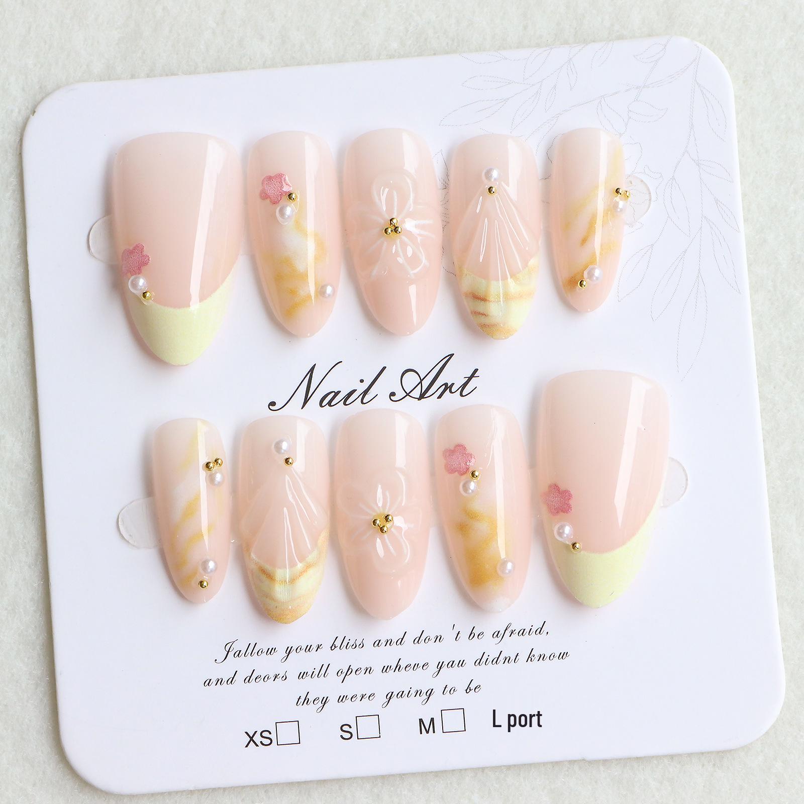 3D Almond Shape Cat Eye Wearable Nails with Handmade Diamonds, Embossed Matte Gold & Soft Flower Design