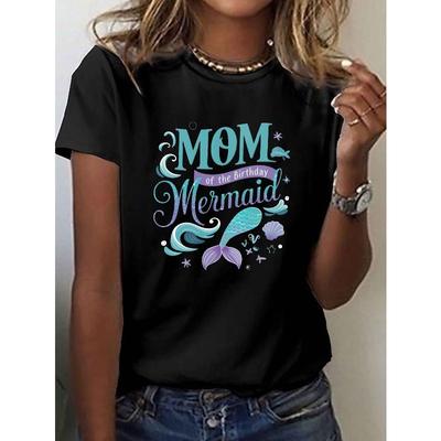 Women's Mom of The Birthday Mermaid Print Tee Crew Neck Short Sleeve Casual Spring Summer Top