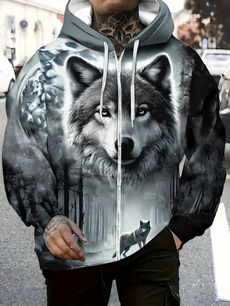 Mens Full Zip Hooded Wolf Graphic Drawstring Hood Side Pockets Lightweight Outerwear Sports Gym Long Sleeve Oversize Sweatshirt
