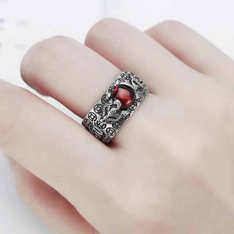 Vintage Thai Silber Lucky Transfer Pixiu Ring für Männer und Frauen, Gold Granat Tide Sechs-Zeichen Mantra Öffnungsringe