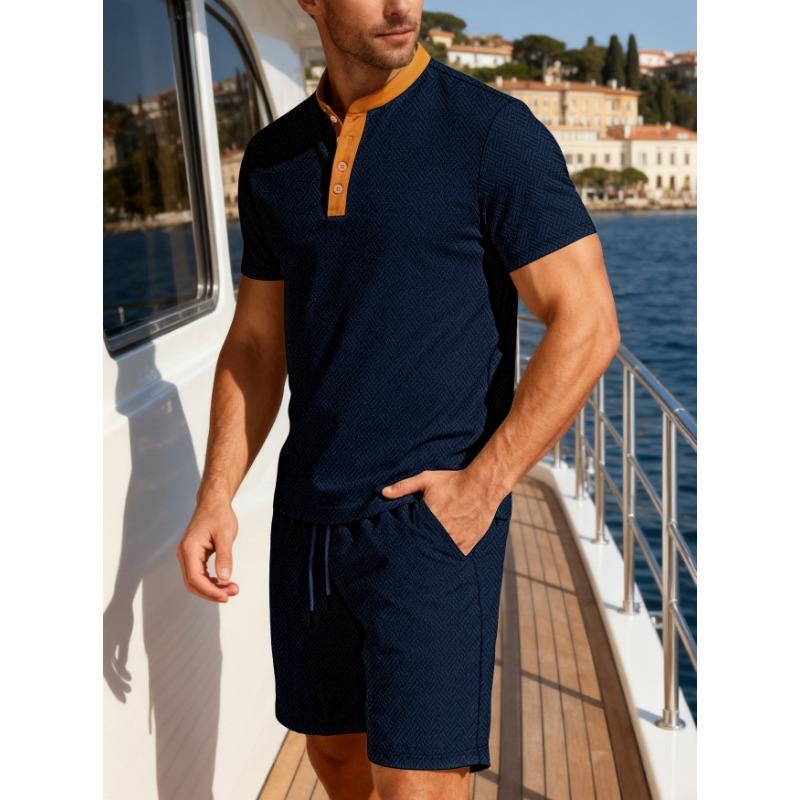 Mens Casual Two Piece Outfit Textured Henley Shirt And Drawstring Shorts Set S темно-синий