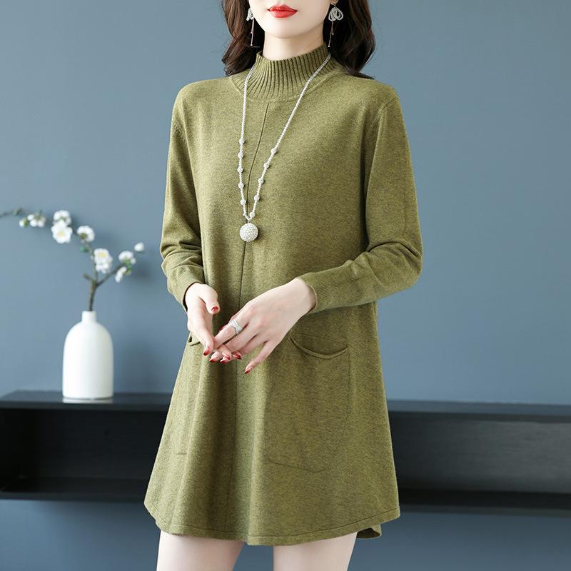 Large-sized Half Turtleneck Sweater Loose and Casual Mid-length Pullover for Women Solid-color A-line Knitted Dress