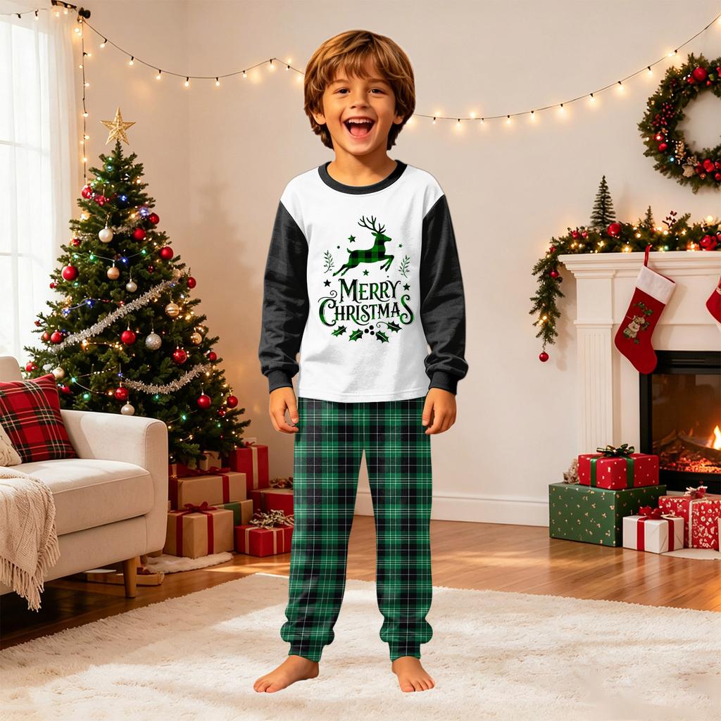 Family Matching Christmas Pajama Set, Round Neck Long Sleeve Top and Pants for Kids and Adults, Holiday Loungewear