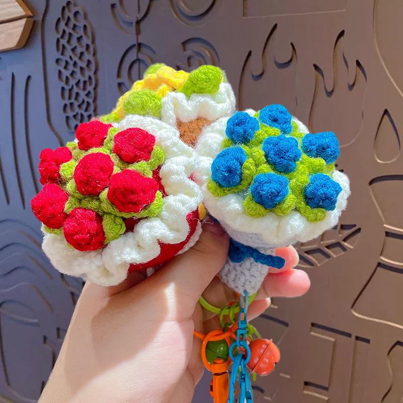 Cute Crochet Bouquet Keychain Mini Hand-Knitted Flower Keychain Ring Car Bag Hanging Pendant Ornament Lover Valentine'S Day Gift