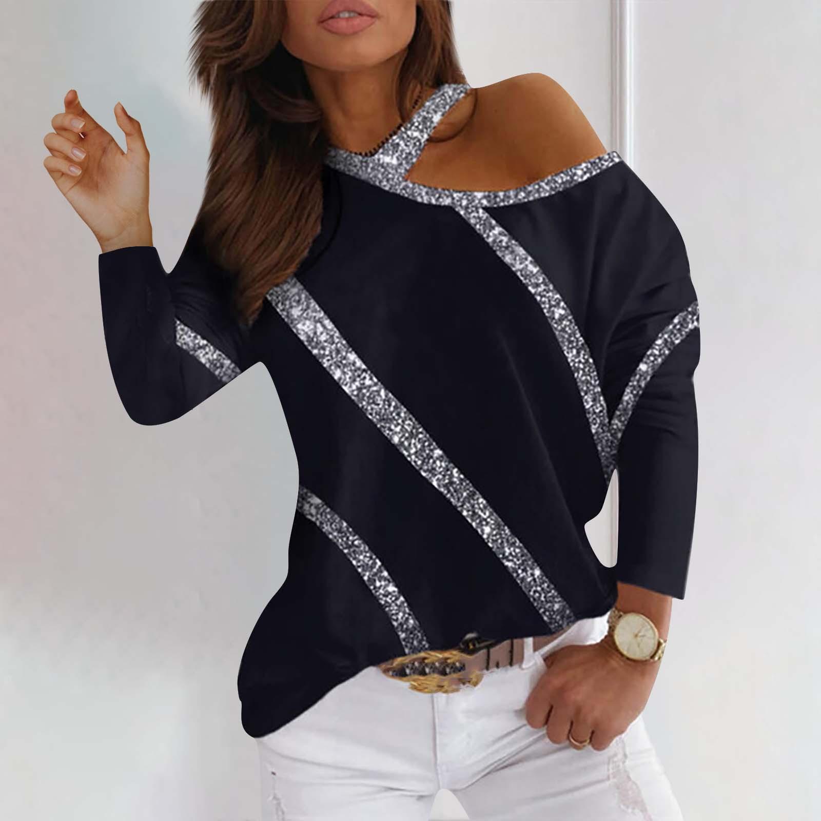 Women s Long Sleeve Loose Off Shoulder Sexy Casual Pullover Bright Gold T-Shirt S чёрный