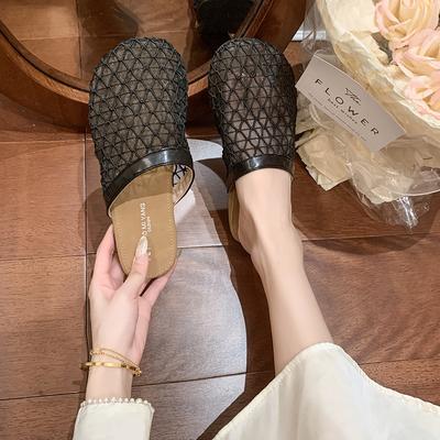Niche Design Sense Mesh Hollow Flat Bottom Bag Head Half Slippers Women's 2025 Summer French Retro Vacation Cool Slippers