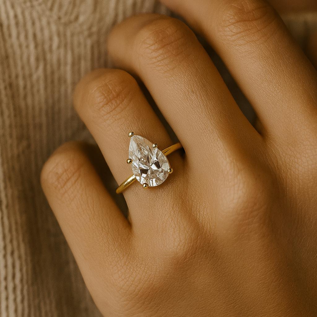 Pear Cut Moissanite Engagement Ring, Prong Set Bridal Jewelry, Solitaire Wedding Ring, Yellow Gold Plated Silver