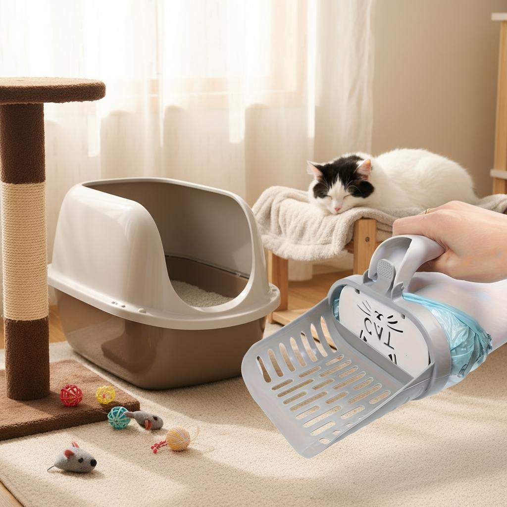 Katzenschaufel mit integriertem Müllbeutelspender, tiefe Schaufelsieb für effiziente Reinigung - Haustier-Katzentoiletten-Wartungswerkzeug