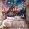 VIKAMA Traumschloss Wandteppich Rosa Kirschblüte Wandbehang für Kinderzimmer Wohnzimmer und Schlafsäle