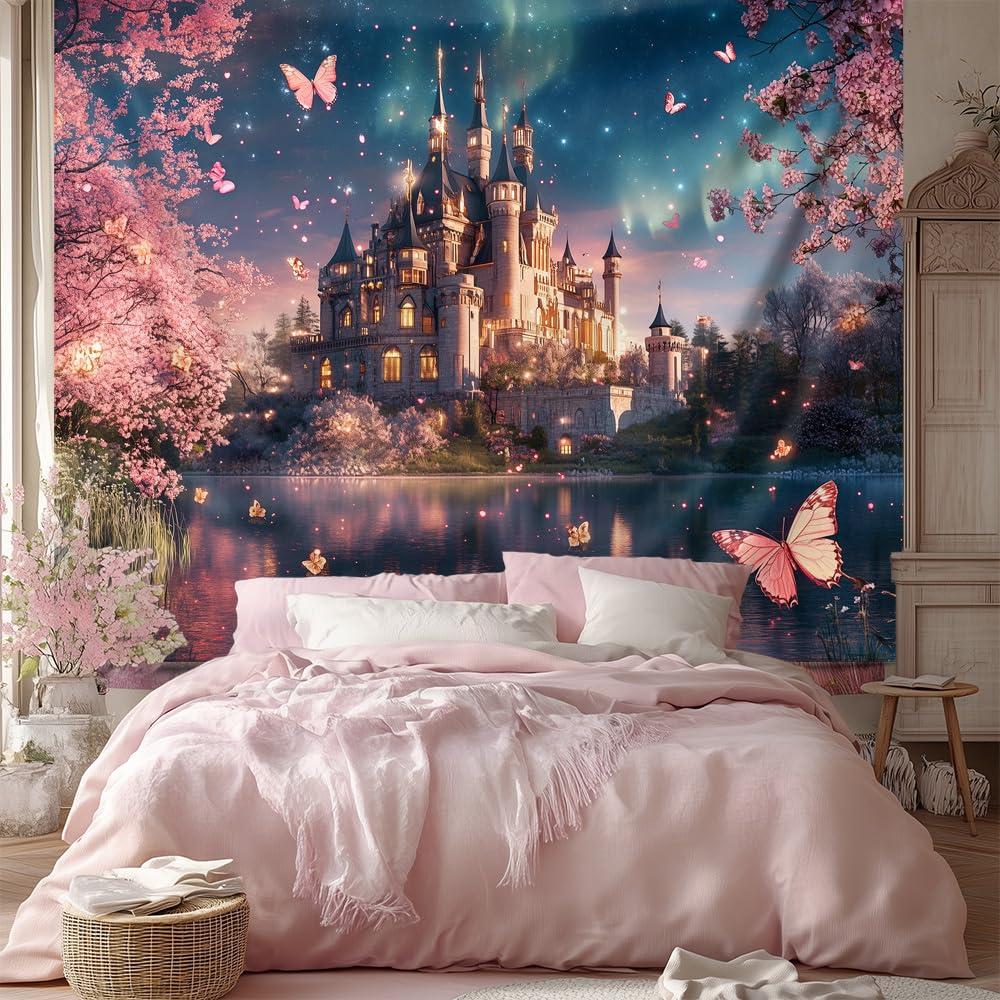 VIKAMA Traumschloss Wandteppich Rosa Kirschblüte Wandbehang für Kinderzimmer Wohnzimmer und Schlafsäle