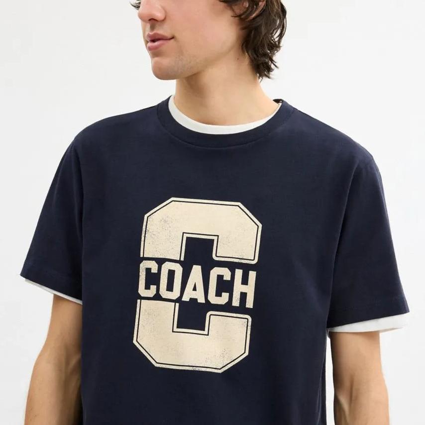 Coach SS25 Letter Print Cotton Crew Neck Short Sleeve T-Shirt Men T-Shirts Navy-Blue CAH84-RF2