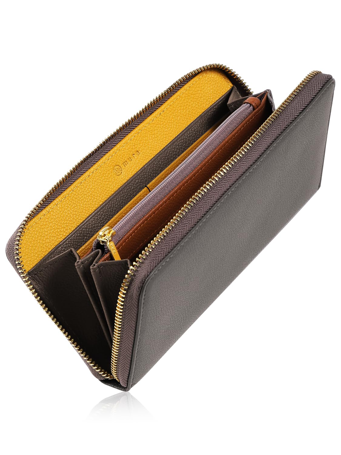 

Mura Women s Tri-Color Genuine Leather Long Wallet, Large Capacity, Gray, Yellow, and Camel