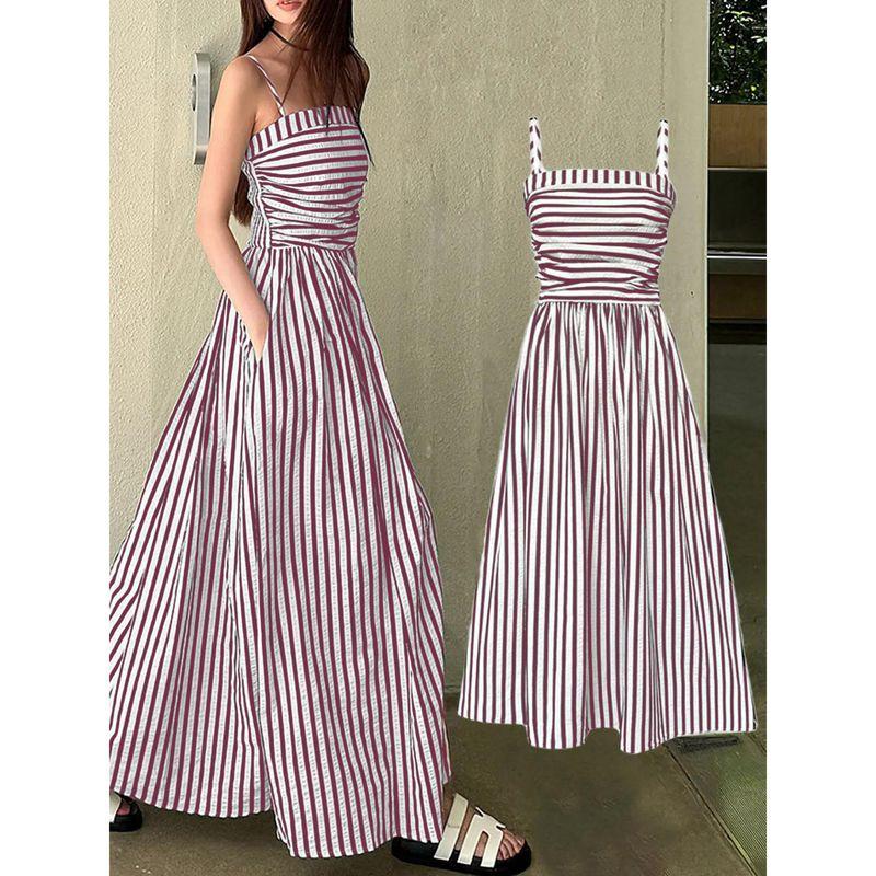 Cross-Border European and American Summer New Striped Spaghetti Strap Dress for Women, Elegant Waist-Cinching Off-Shoulder Tube Top Long Dress