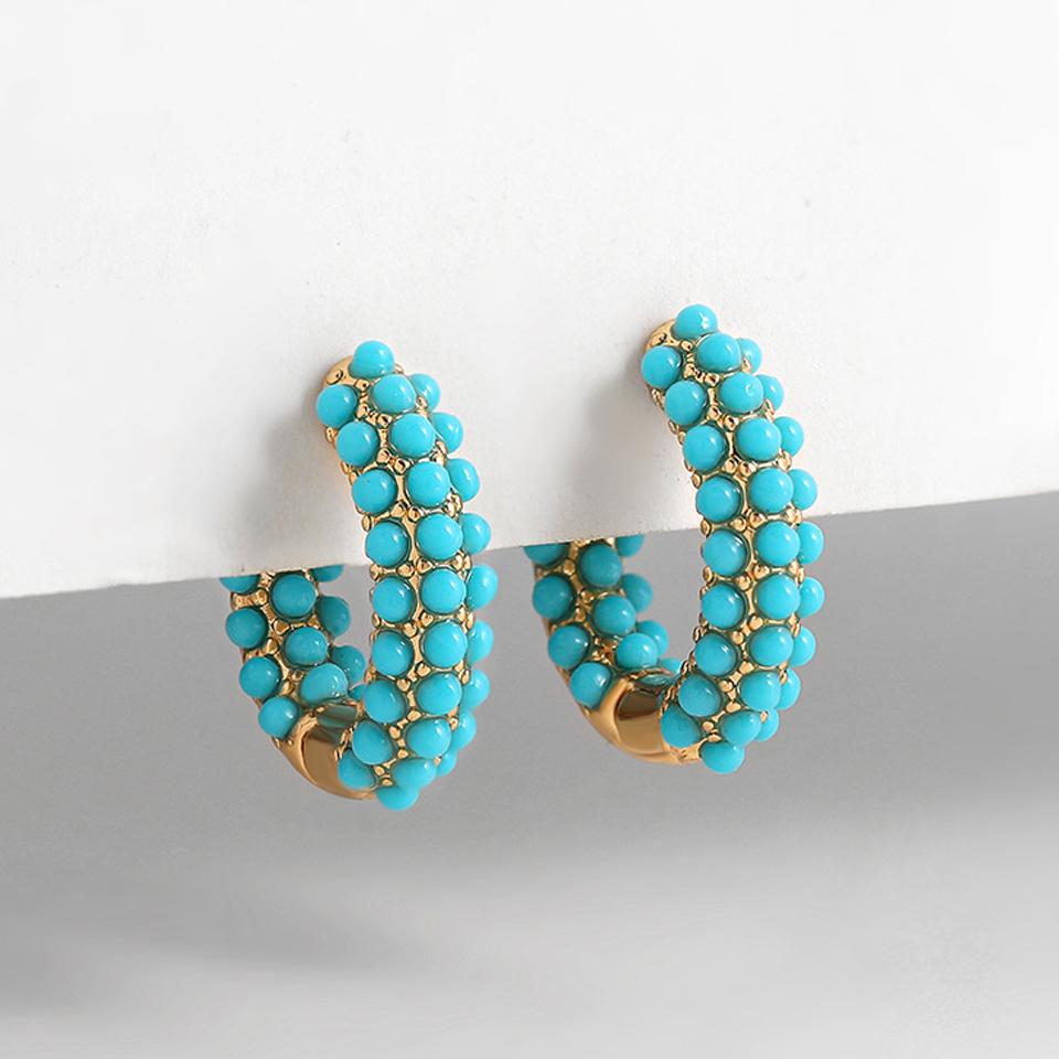 ZAKOL Gold Color-plated Turquoise Hoop Earrings for Women Girls Fashion Round Blue Beads Circle Earrings Huggies Zircon