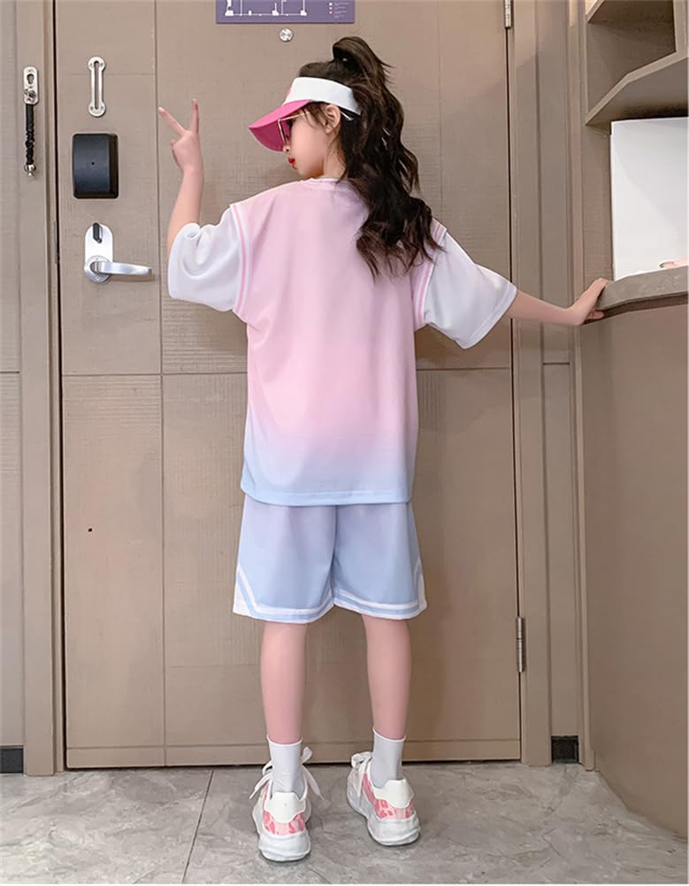 KOSIKINI Short Sleeve and Shorts Korean Loose Resort Sizes Tracksuit Top and Bottoms Cute Clothing Elementary School Girls' T-Shirt Set, Style,