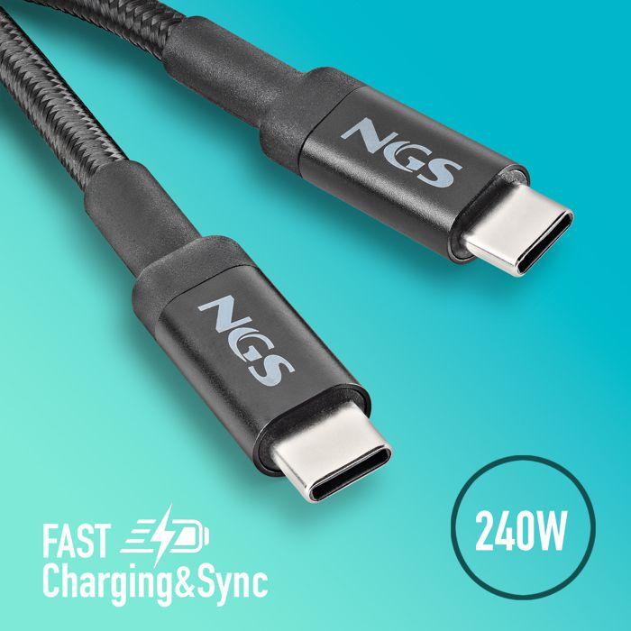 NGS KNOT 240W-2 : câble USB C vers Type-C de 2 m de long pour une charge rapide des appareils jusqu'à 240 W. Nylon tressé. Haute com