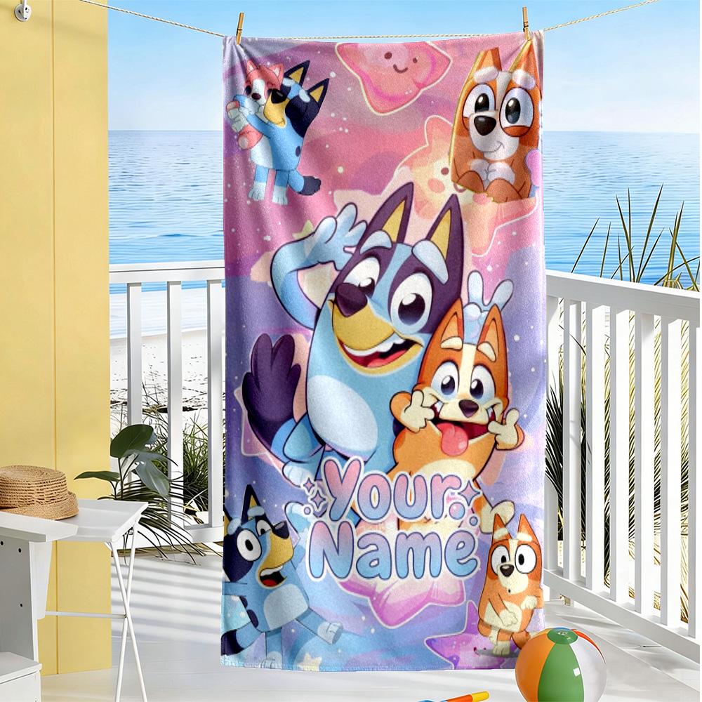 Bluey Customize Text Beach Towel Super Soft Microfiber Quickdry Fabric