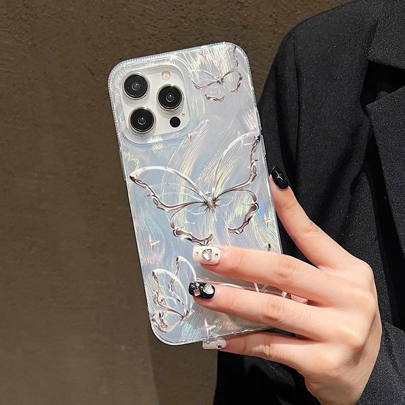 For iPhone 14 13 15 16 Pro Max Case Luxury Laser Silver Butterfly Phone Case for iPhone 16E 11 12 Pro Max XS XR 7 8 16 Plus Case