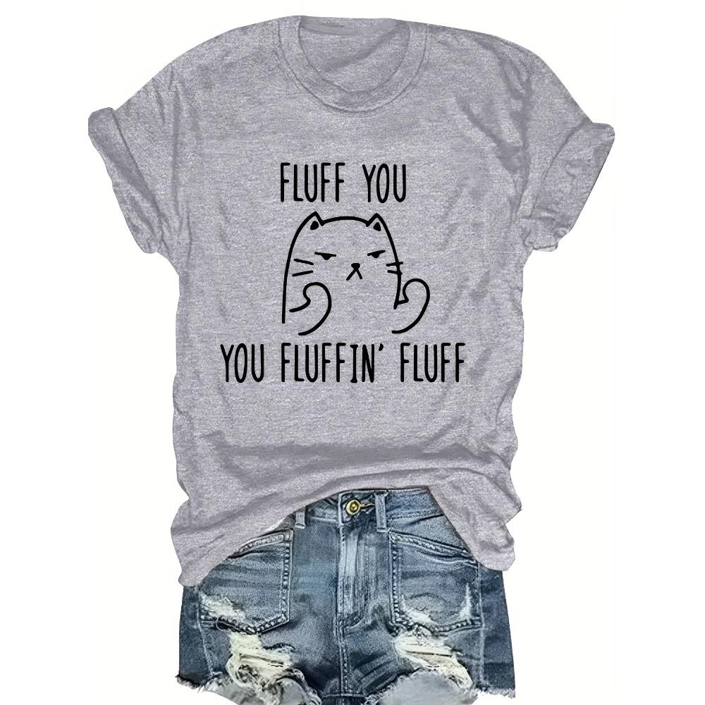 T-shirt da Donna in Cotone a Maniche Corte Fluff You Gatto Maglietta da Donna Grafica Divertente Casual Top Bianco