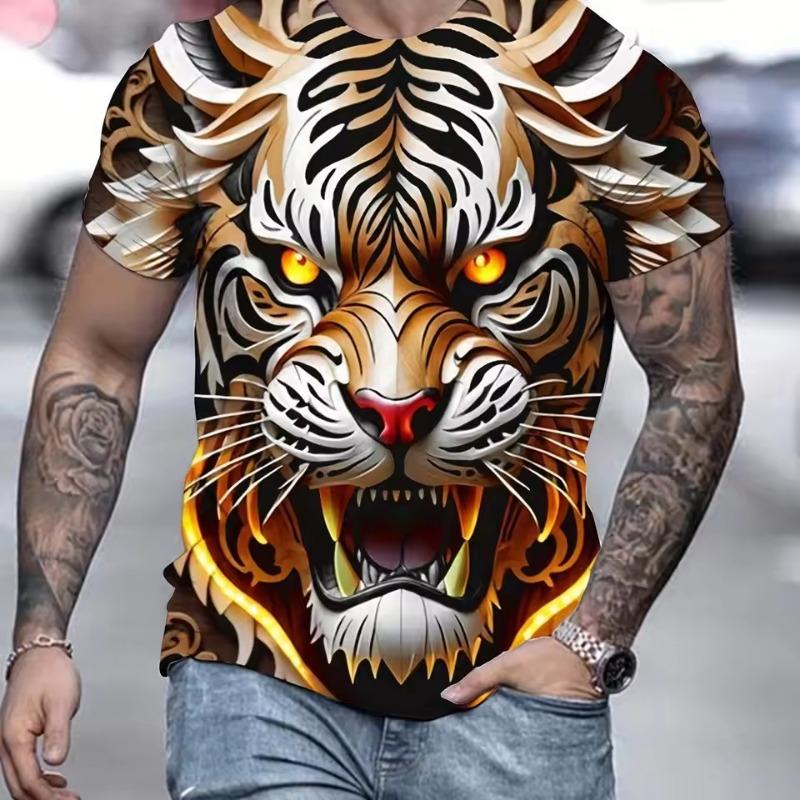 Tiger Print T-Shirt 3D Animal Men's Shirts Summer Short Sleeved Male Pullover Oversized T-shirts Casual Tops Tees Men Clothing
