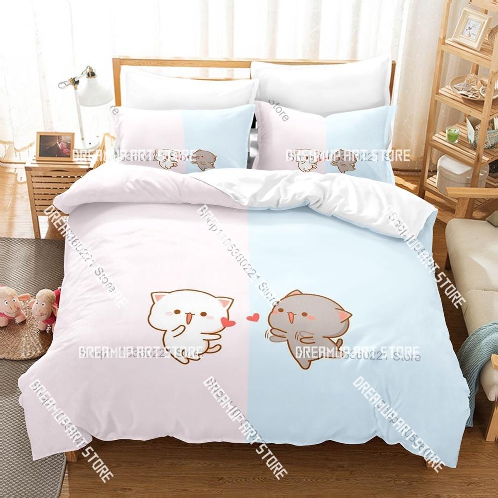 Fashion Adorable Peach And Goma Cat Bedding Set Single Twin Full Queen King Size Bed Set Kids Bedroom Duvetcover Sets Bed