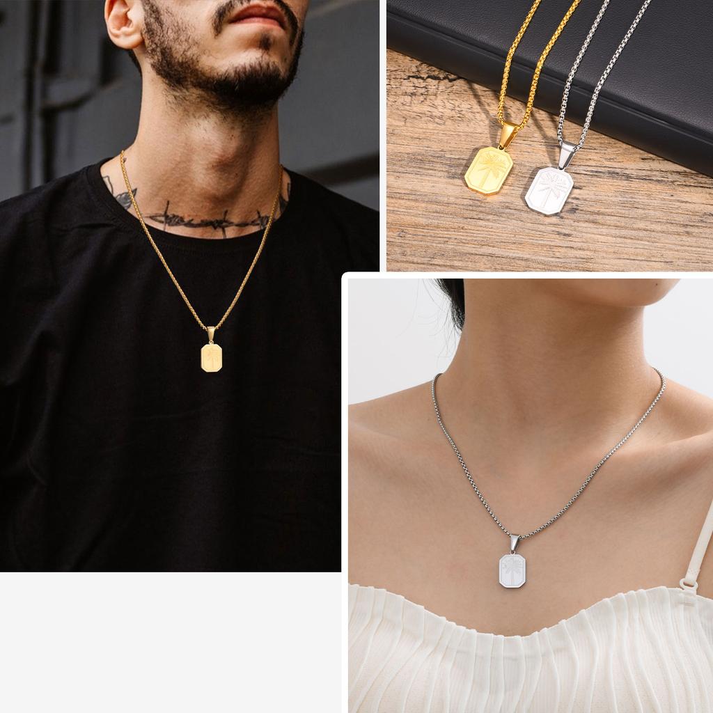Vnox Simple Geometric Unisex Necklaces, Rectangle Pendant Monogram Palm Tree Collar with Box Chain, Men Women Jewelry