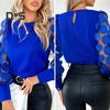 Fall Spring Women Shirt See Through Mesh Solid Color Round Neck Flower Decor Long Sleeve OL Commute Style Pullover Elegant Women Blouse