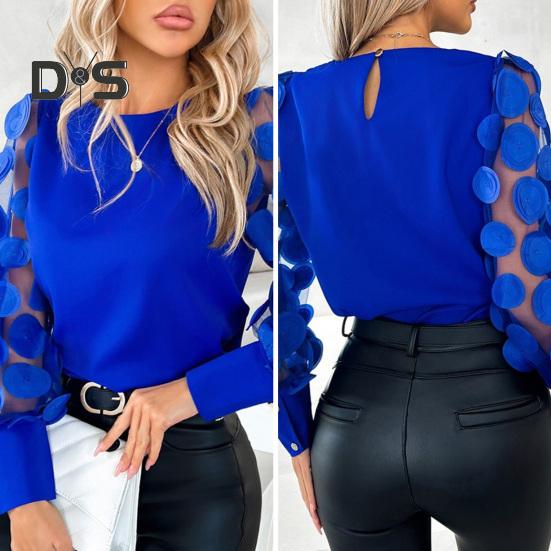 Fall Spring Women Shirt See Through Mesh Solid Color Round Neck Flower Decor Long Sleeve OL Commute Style Pullover Elegant Women Blouse