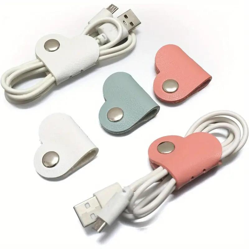 5/10Pcs Heart-Shaped Faux Leather Headphone Cable Winder, Data Cable Organizer, Cable Management Clip, Heart-Shaped Cable Winder