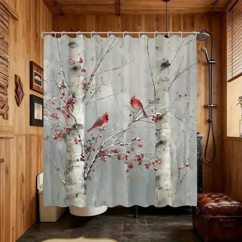Winter Birds Shower Curtain Red Cardinal Birch Tree Design Nature Decor Bathroom Waterproof Curtains Artistic Home Style