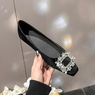 Single Shoes Women's New Temperament Rhinestone Square Buckle Flat Shoes Shallow Mouth Square Head Flat Heel Soft Sole Ladyshoes
