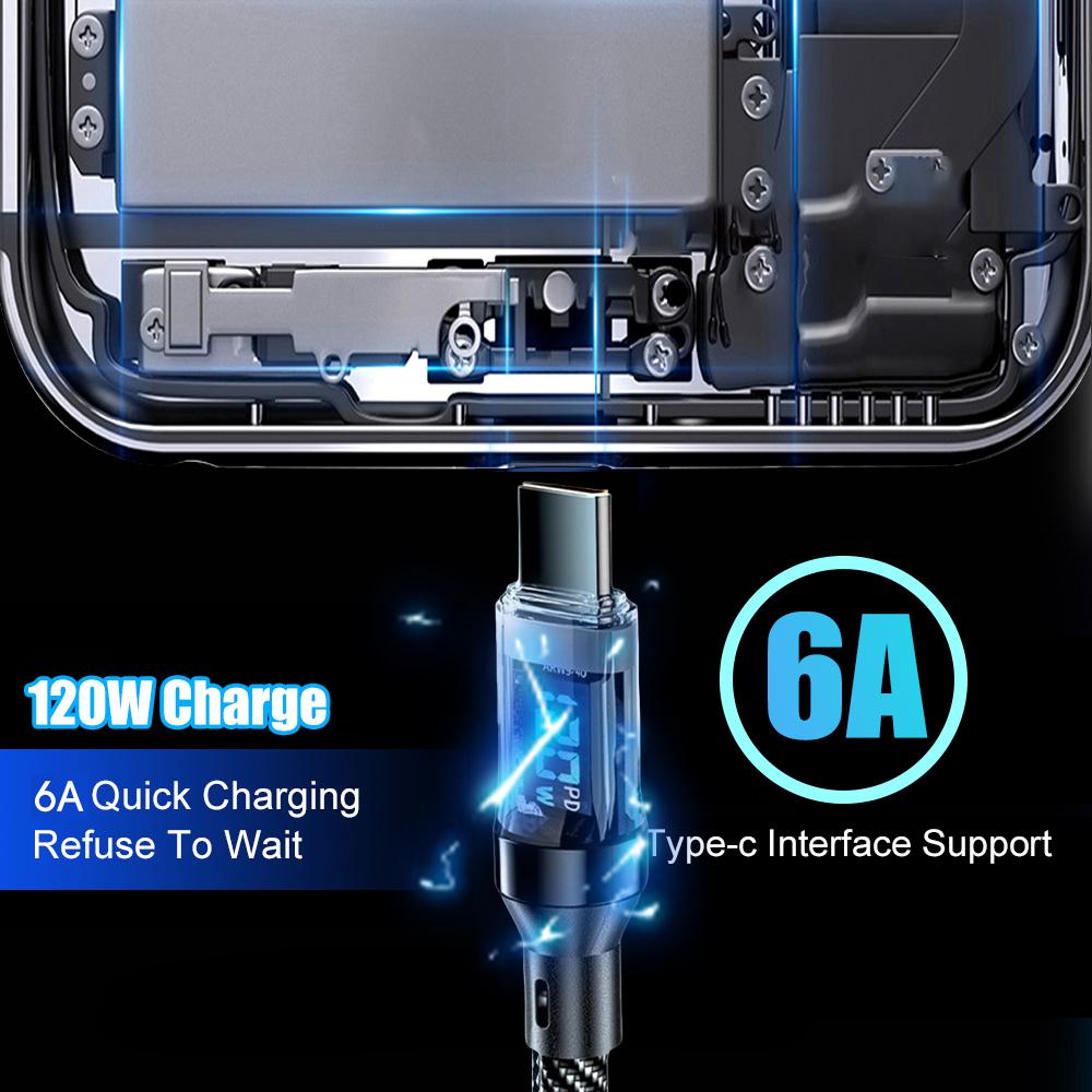 Cablu USB tip C de 120W cu afișaj LED Cabluri de încărcare super rapidă USB A/USB C la cablu de date tip C pentru iPhone Samsung Xiaomi