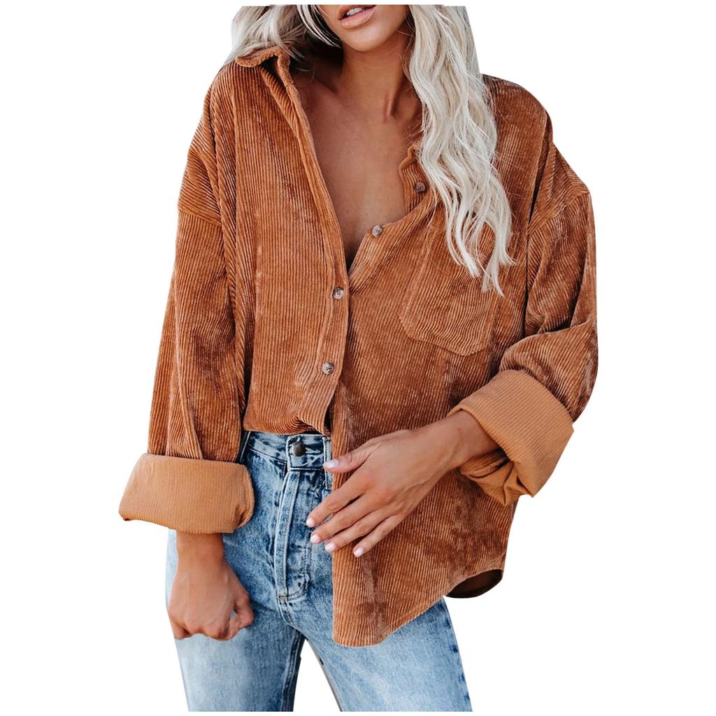 Womens Casual V Neck Long Sleeve Button Corduroy95%polye Casual Blouse Coat Tops